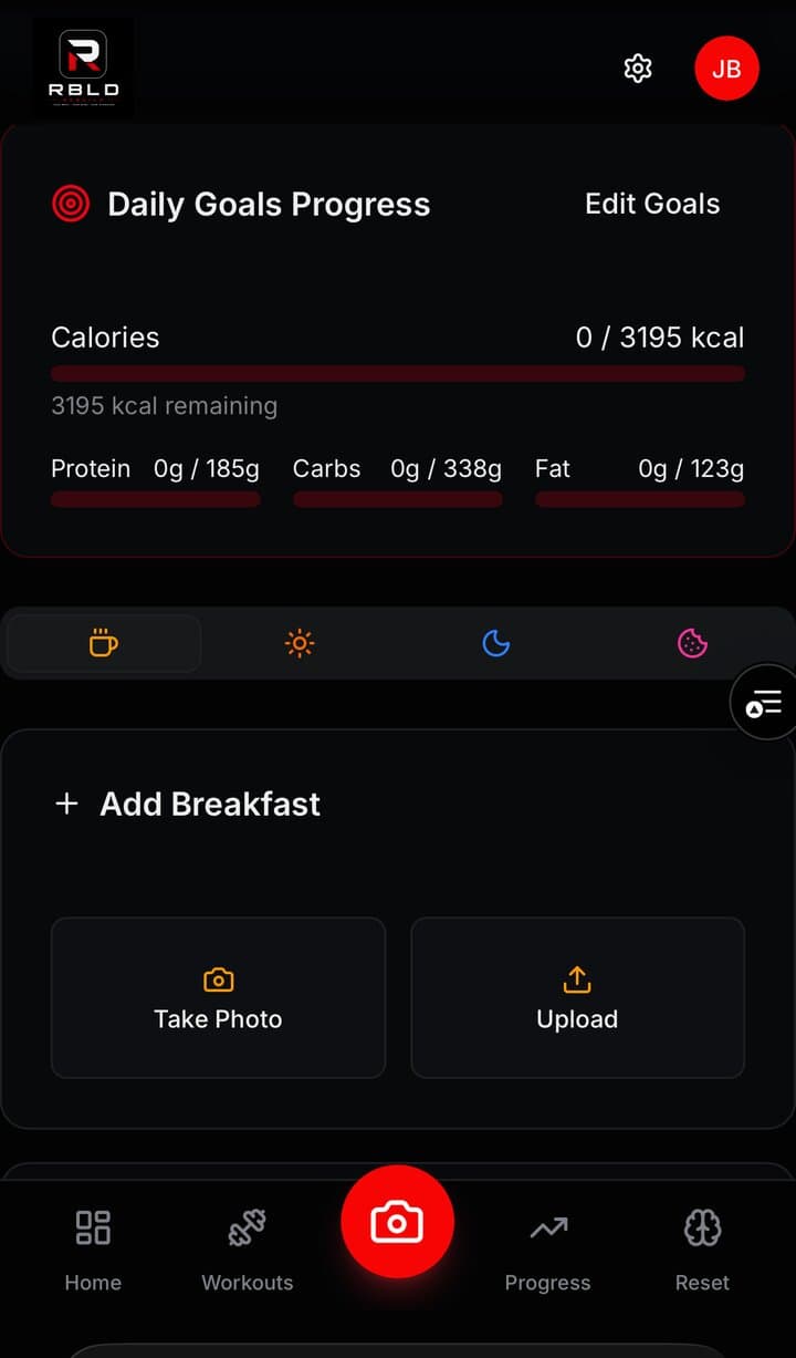 RBLD app showing daily goals progress, macros tracking, and meal logging — your nutrition plan delivered through the app